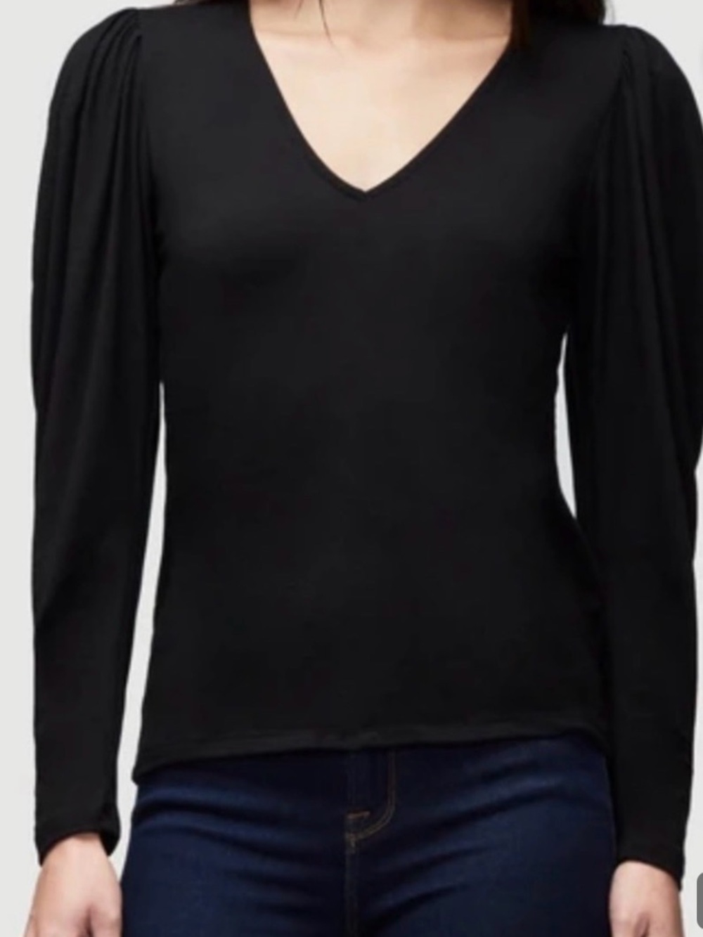Frame Shirred Black V-Neck Long Sleeve Puff Shoulder Top